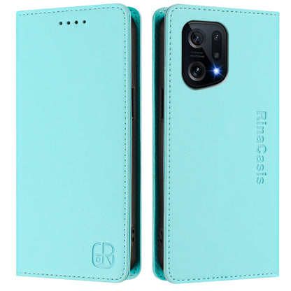 OPPO Find X5 Dual-Folded Magnetic Suction RFID Blocking PU Leather Wallet Phone Case with Card Slots, Cash Pocket, Kickstand, Full Protective Flip Cover
