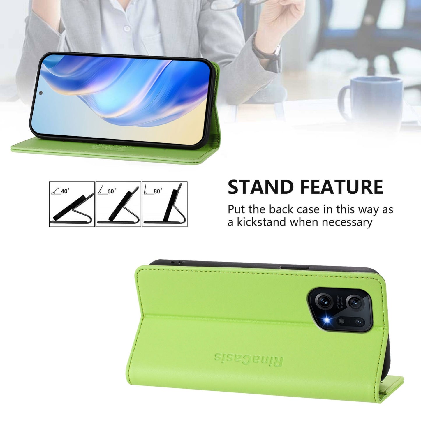 OPPO Find X5 Dual-Folded Magnetic Suction RFID Blocking PU Leather Wallet Phone Case with Card Slots, Cash Pocket, Kickstand, Full Protective Flip Cover
