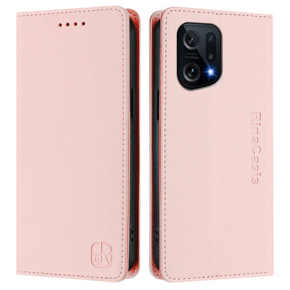 OPPO Find X5 Dual-Folded Magnetic Suction RFID Blocking PU Leather Wallet Phone Case with Card Slots, Cash Pocket, Kickstand, Full Protective Flip Cover