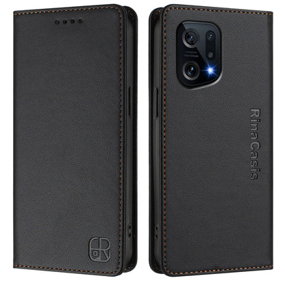 OPPO Find X5 Dual-Folded Magnetic Suction RFID Blocking PU Leather Wallet Phone Case with Card Slots, Cash Pocket, Kickstand, Full Protective Flip Cover