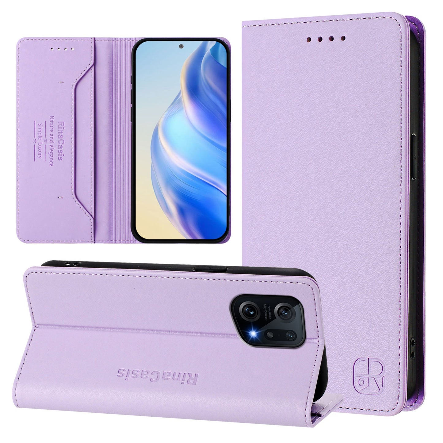 OPPO Find X5 Dual-Folded Magnetic Suction RFID Blocking PU Leather Wallet Phone Case with Card Slots, Cash Pocket, Kickstand, Full Protective Flip Cover