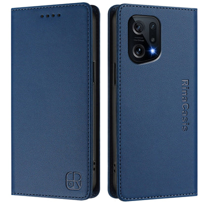OPPO Find X5 Dual-Folded Magnetic Suction RFID Blocking PU Leather Wallet Phone Case with Card Slots, Cash Pocket, Kickstand, Full Protective Flip Cover