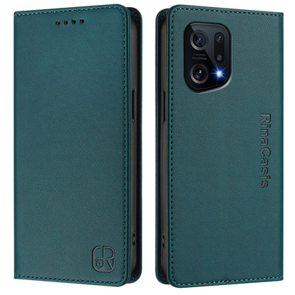 OPPO Find X5 Dual-Folded Magnetic Suction RFID Blocking PU Leather Wallet Phone Case with Card Slots, Cash Pocket, Kickstand, Full Protective Flip Cover