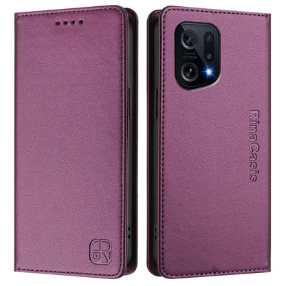 OPPO Find X5 Dual-Folded Magnetic Suction RFID Blocking PU Leather Wallet Phone Case with Card Slots, Cash Pocket, Kickstand, Full Protective Flip Cover