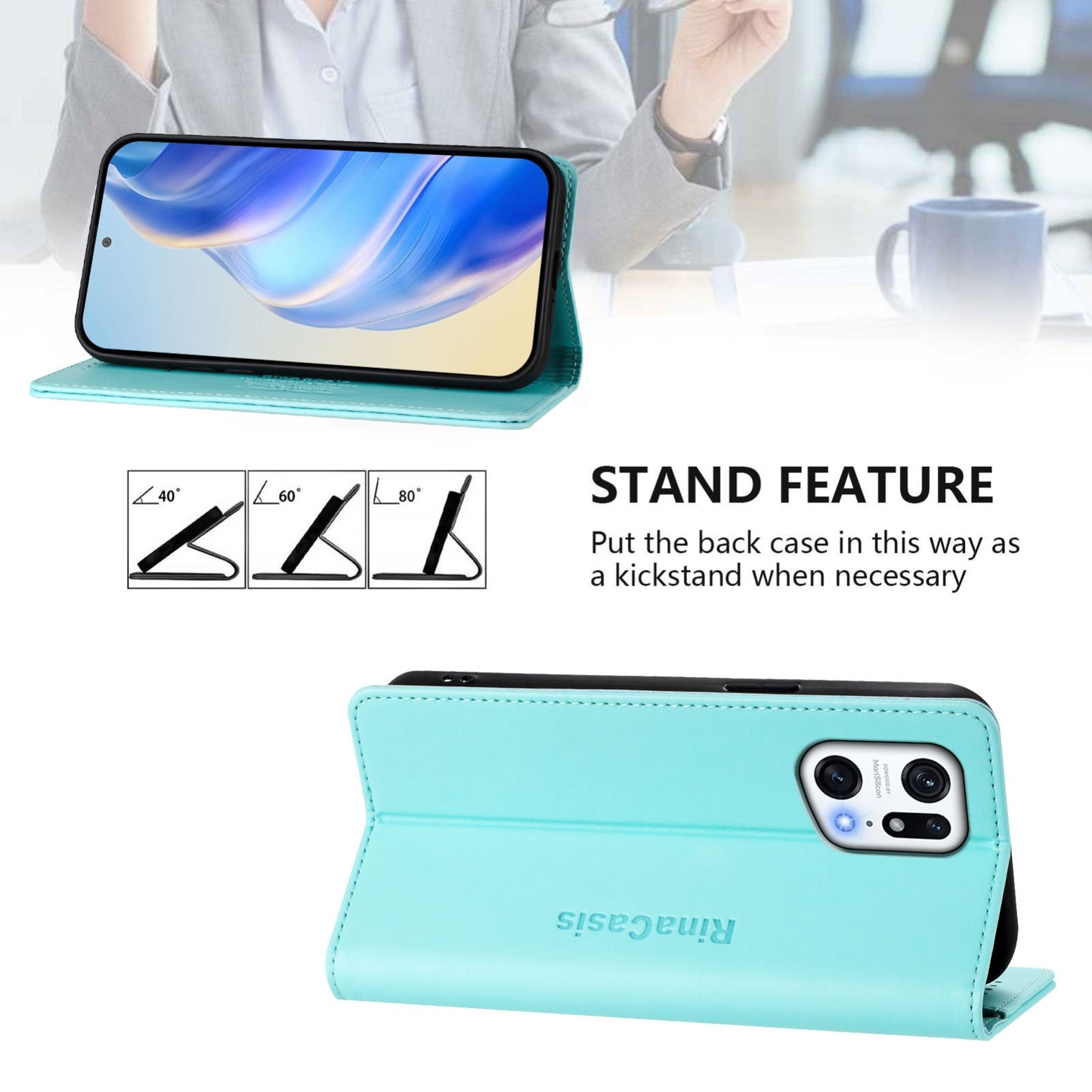 OPPO Find X5 Pro Dual-Folded Magnetic Suction RFID Blocking PU Leather Wallet Phone Case with Card Slots, Cash Pocket, Kickstand, Full Protective Flip Cover
