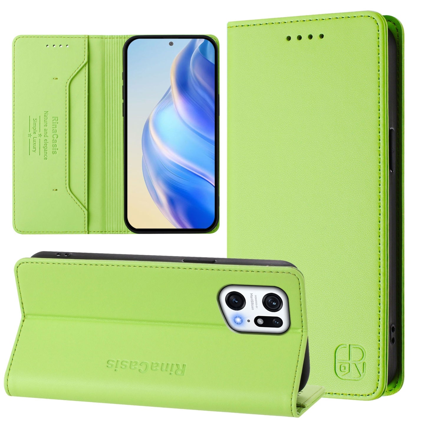 OPPO Find X5 Pro Dual-Folded Magnetic Suction RFID Blocking PU Leather Wallet Phone Case with Card Slots, Cash Pocket, Kickstand, Full Protective Flip Cover