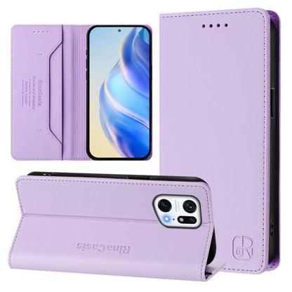 OPPO Find X5 Pro Dual-Folded Magnetic Suction RFID Blocking PU Leather Wallet Phone Case with Card Slots, Cash Pocket, Kickstand, Full Protective Flip Cover