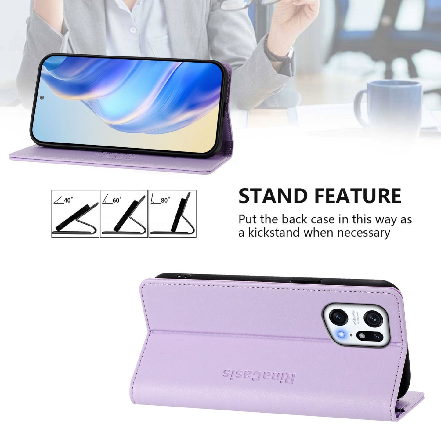 OPPO Find X5 Pro Dual-Folded Magnetic Suction RFID Blocking PU Leather Wallet Phone Case with Card Slots, Cash Pocket, Kickstand, Full Protective Flip Cover