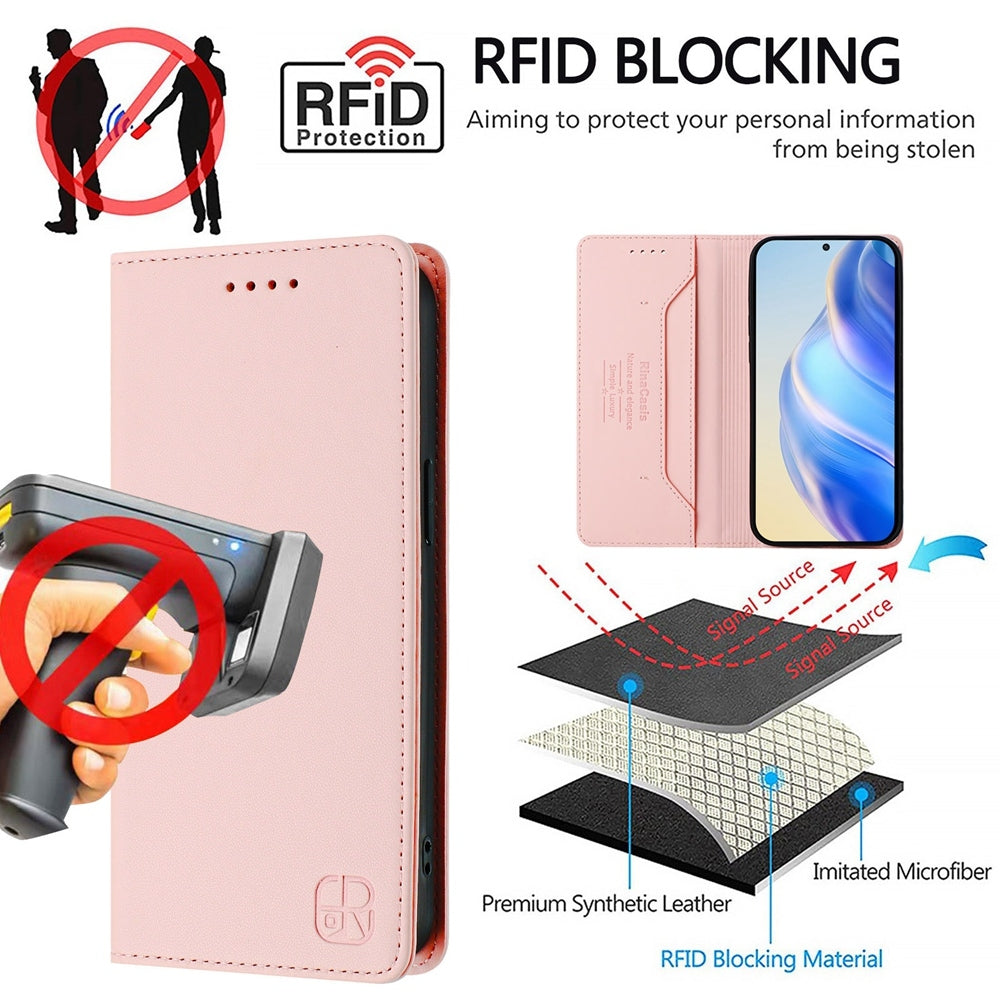 OPPO Find X6 Dual-Folded Magnetic Suction RFID Blocking PU Leather Wallet Phone Case with Card Slots, Cash Pocket, Kickstand, Full Protective Flip Cover