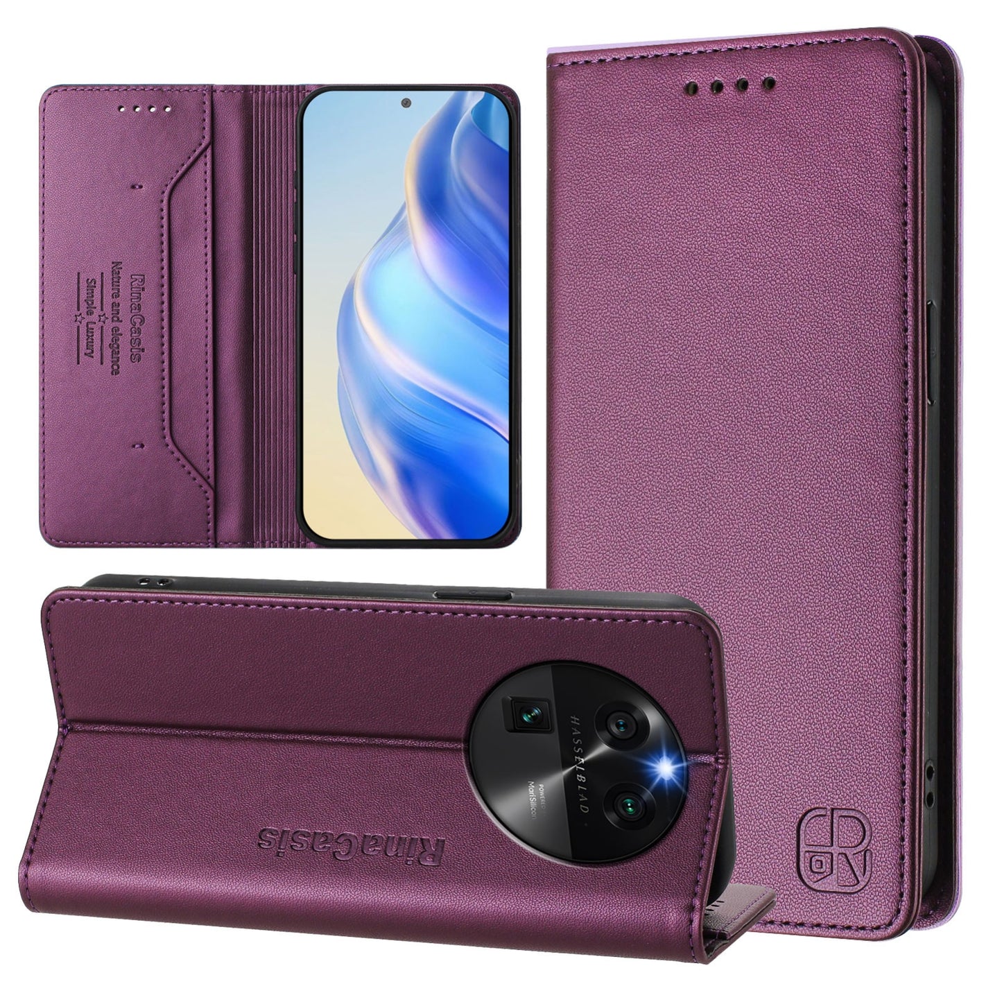 OPPO Find X6 Dual-Folded Magnetic Suction RFID Blocking PU Leather Wallet Phone Case with Card Slots, Cash Pocket, Kickstand, Full Protective Flip Cover