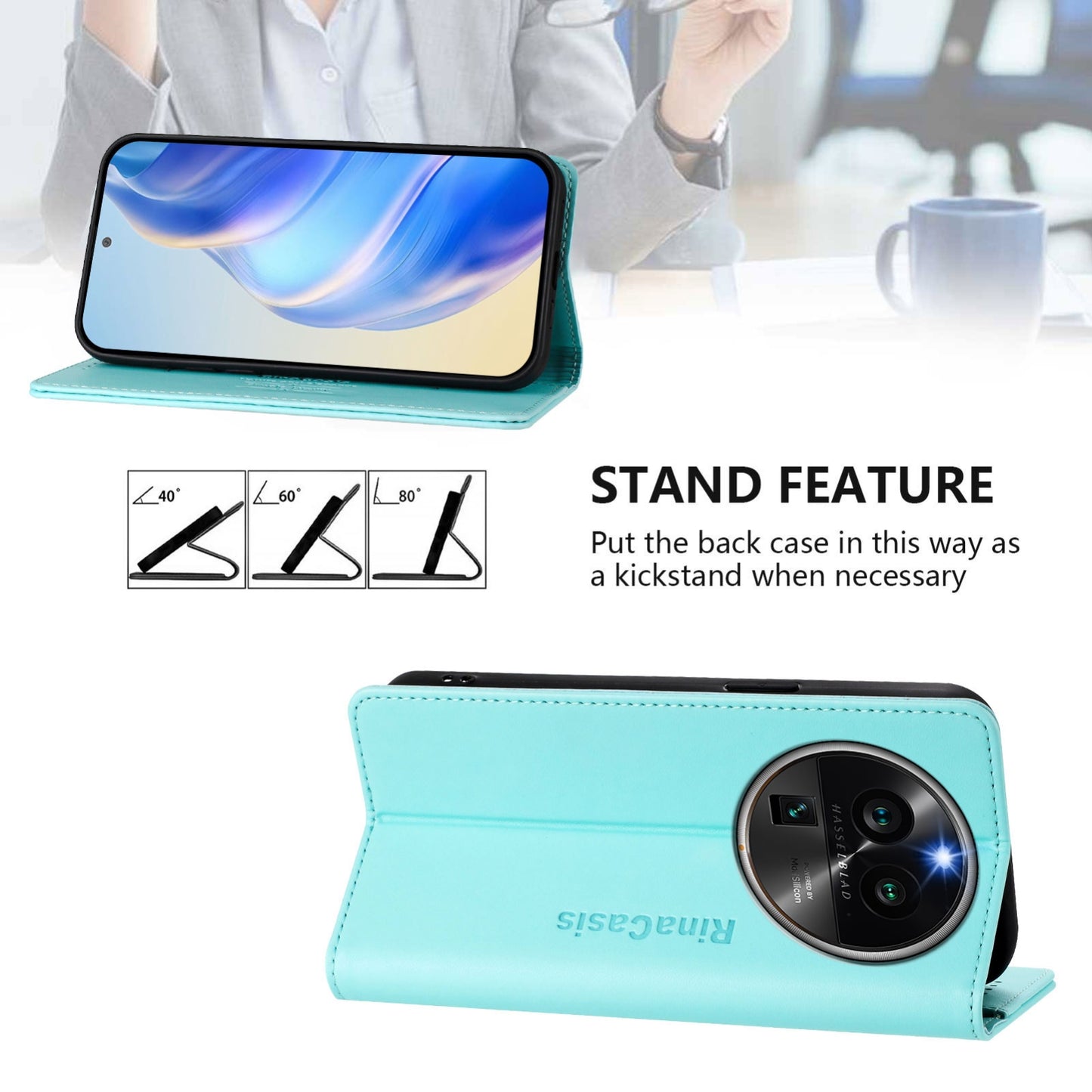 OPPO Find X6 Pro Dual-Folded Magnetic Suction RFID Blocking PU Leather Wallet Phone Case with Card Slots, Cash Pocket, Kickstand, Full Protective Flip Cover