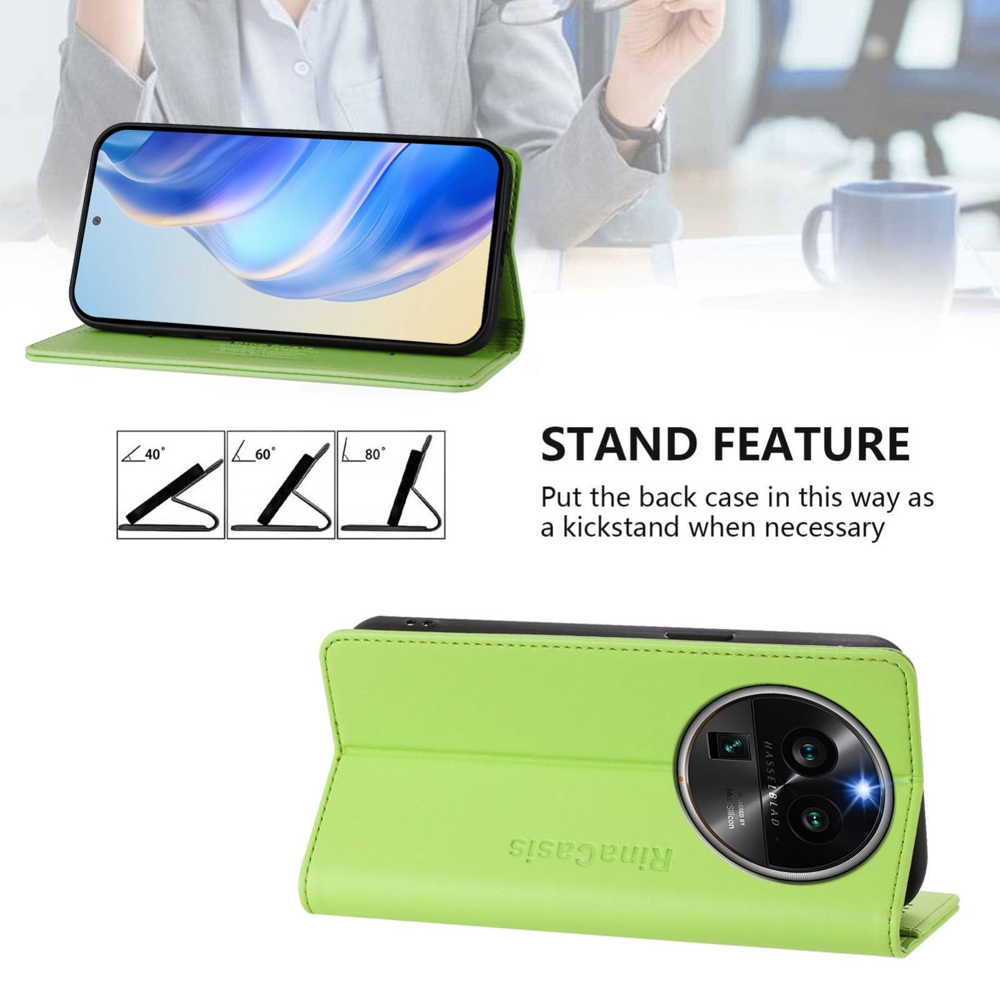 OPPO Find X6 Pro Dual-Folded Magnetic Suction RFID Blocking PU Leather Wallet Phone Case with Card Slots, Cash Pocket, Kickstand, Full Protective Flip Cover