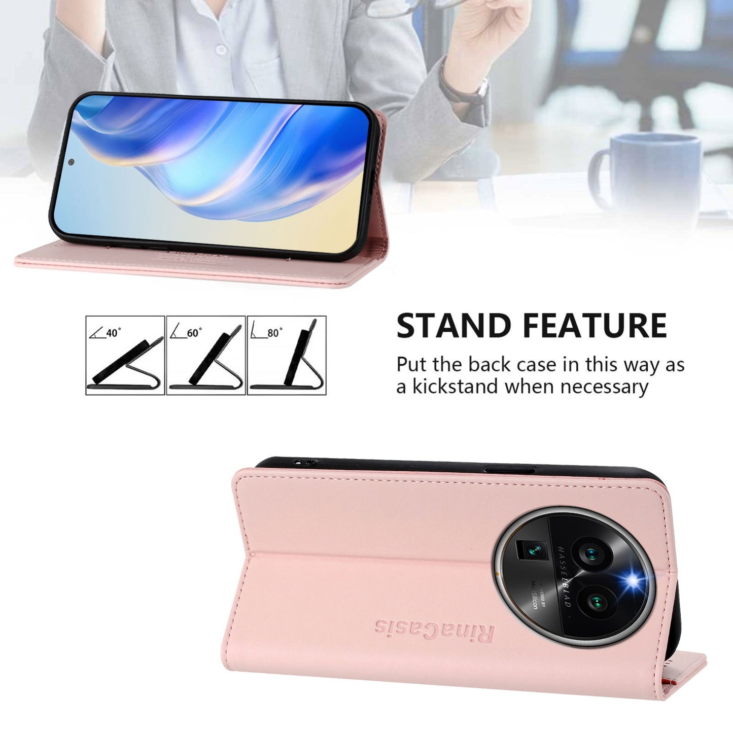 OPPO Find X6 Pro Dual-Folded Magnetic Suction RFID Blocking PU Leather Wallet Phone Case with Card Slots, Cash Pocket, Kickstand, Full Protective Flip Cover
