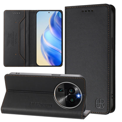 OPPO Find X6 Pro Dual-Folded Magnetic Suction RFID Blocking PU Leather Wallet Phone Case with Card Slots, Cash Pocket, Kickstand, Full Protective Flip Cover