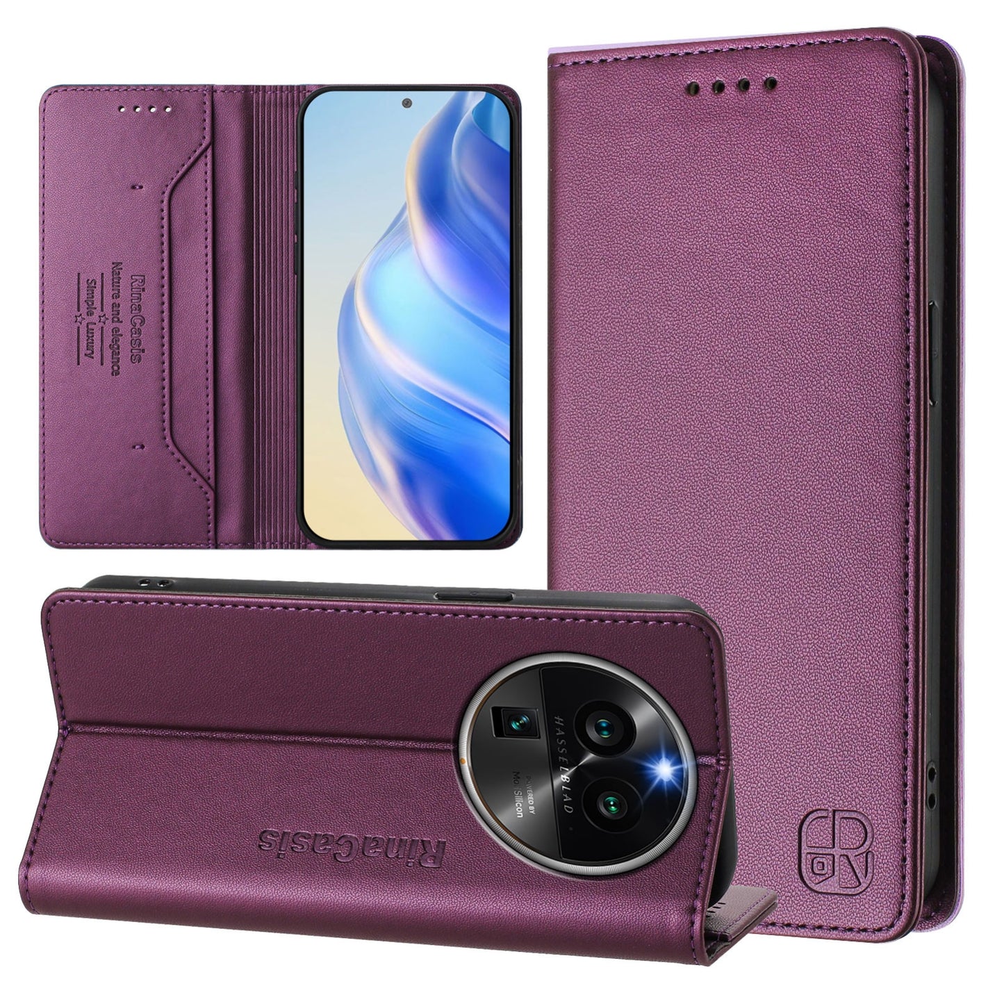 OPPO Find X6 Pro Dual-Folded Magnetic Suction RFID Blocking PU Leather Wallet Phone Case with Card Slots, Cash Pocket, Kickstand, Full Protective Flip Cover