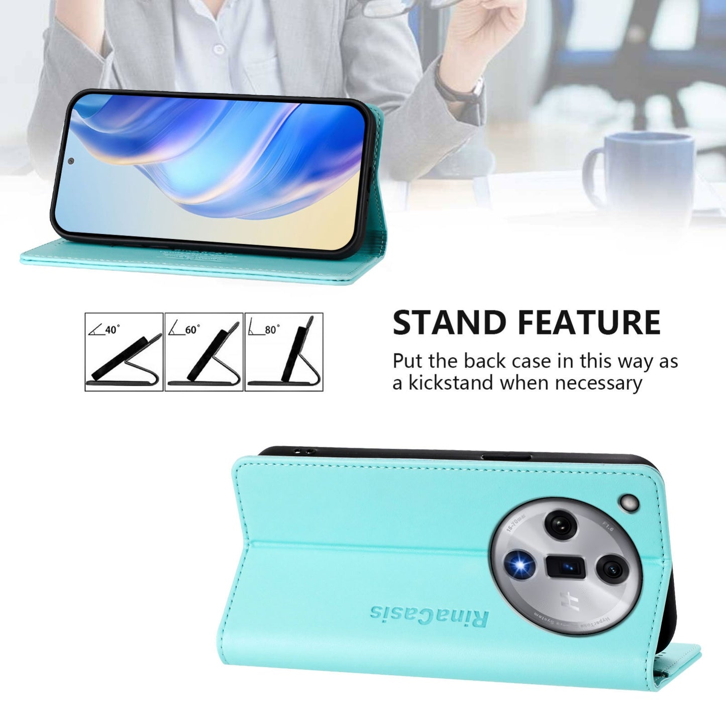 OPPO Find X7 Dual-Folded Magnetic Suction RFID Blocking PU Leather Wallet Phone Case with Card Slots, Cash Pocket, Kickstand, Full Protective Flip Cover