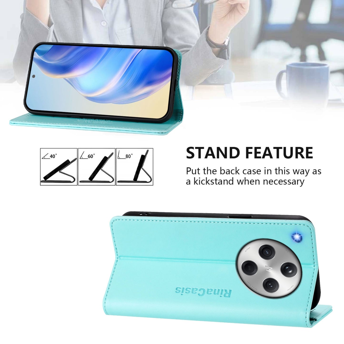 OPPO Find X8 Dual-Folded Magnetic Suction RFID Blocking PU Leather Wallet Phone Case with Card Slots, Cash Pocket, Kickstand, Full Protective Flip Cover