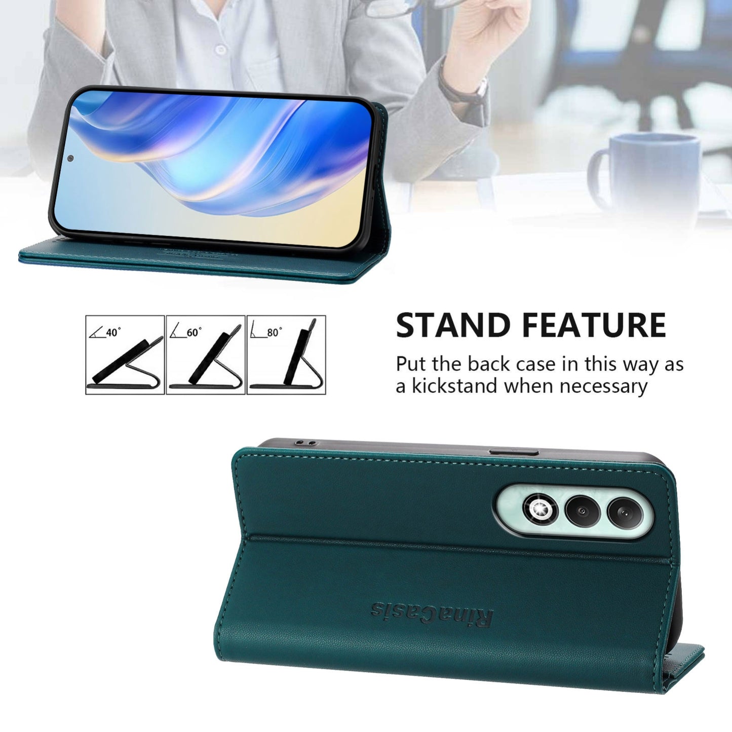 OPPO K12x 5G Dual-Folded Magnetic Suction RFID Blocking PU Leather Wallet Phone Case with Card Slots, Cash Pocket, Kickstand, Full Protective Flip Cover