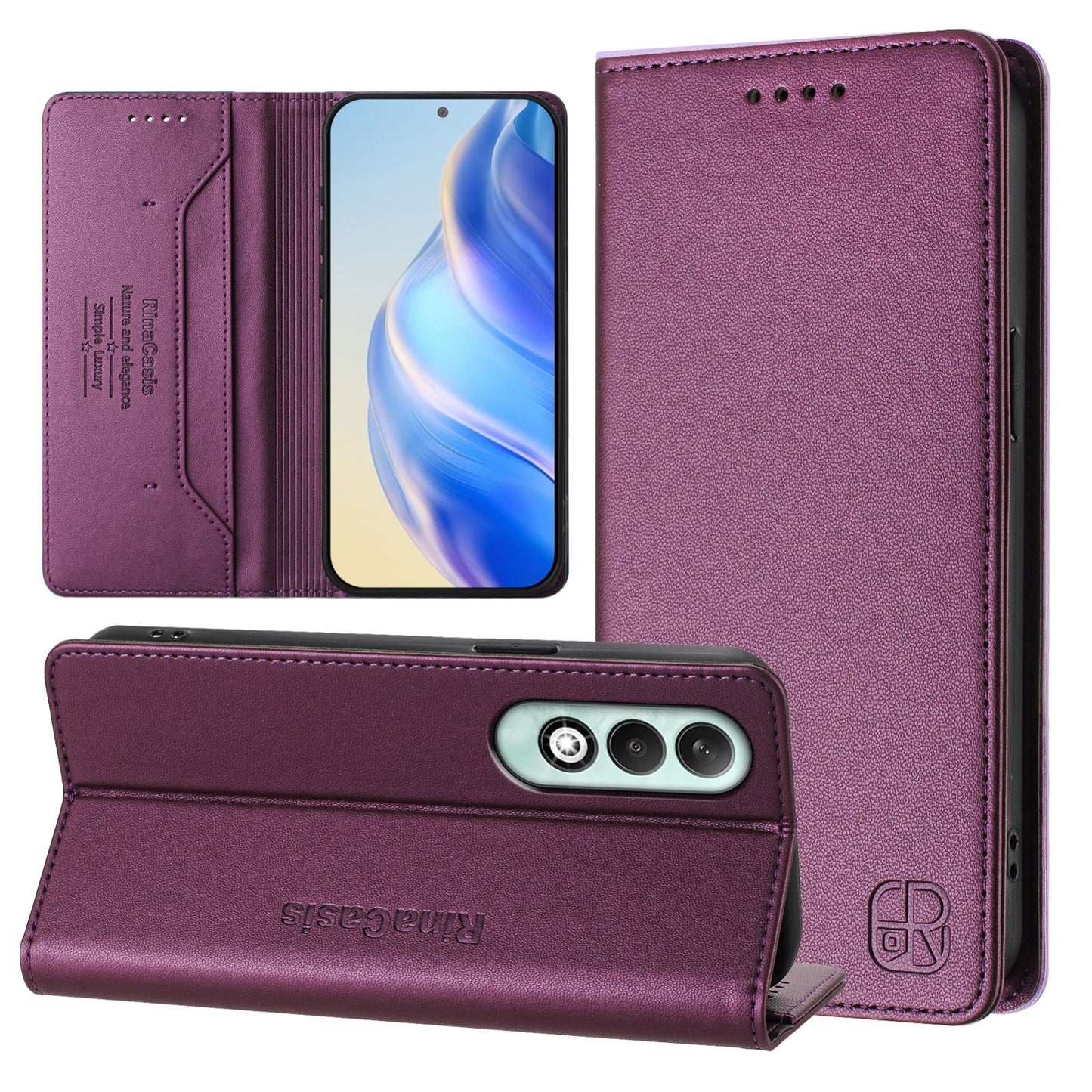 OPPO K12x 5G Dual-Folded Magnetic Suction RFID Blocking PU Leather Wallet Phone Case with Card Slots, Cash Pocket, Kickstand, Full Protective Flip Cover