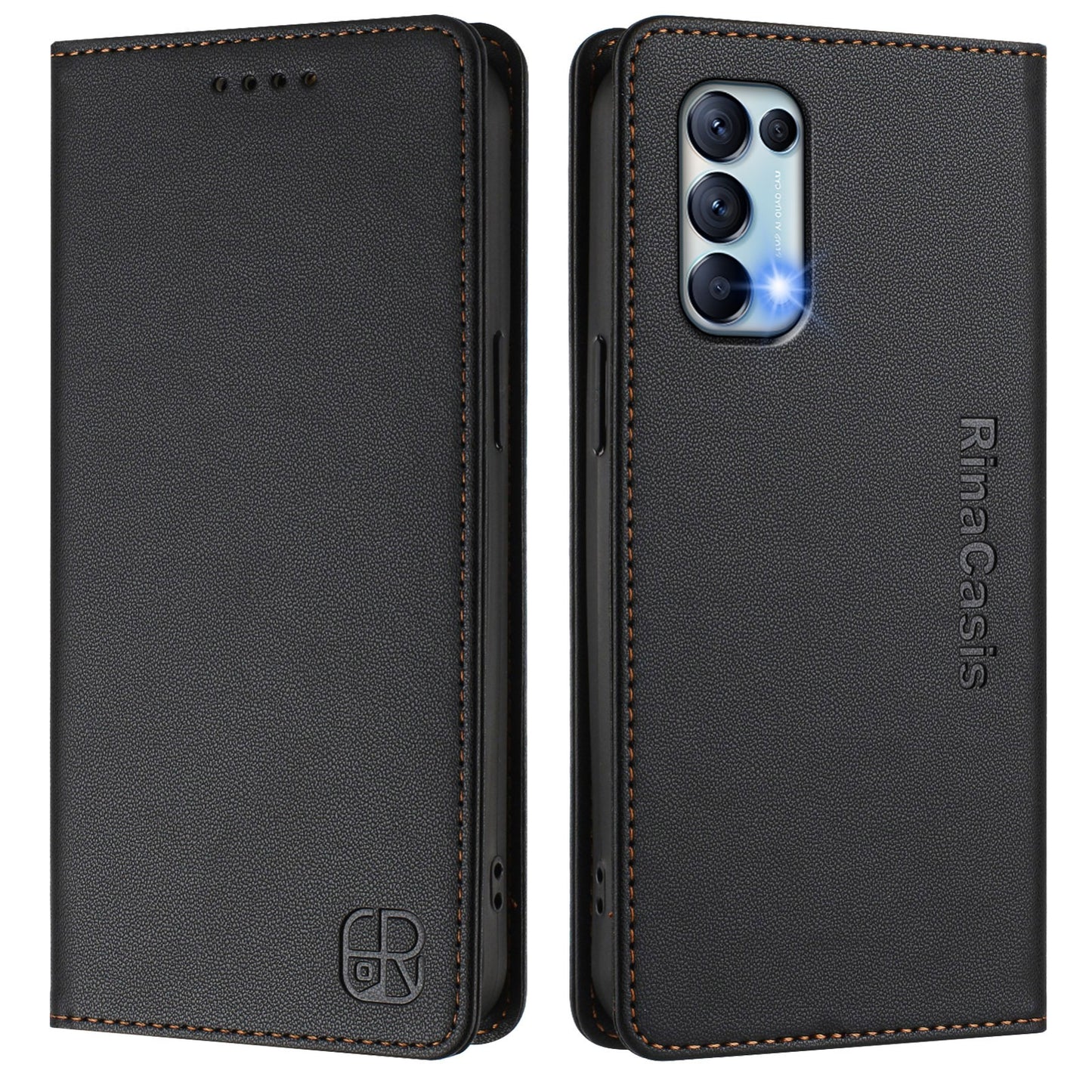 OPPO Reno5 5G Dual-Folded Magnetic Suction RFID Blocking PU Leather Wallet Phone Case with Card Slots, Cash Pocket, Kickstand, Full Protective Flip Cover