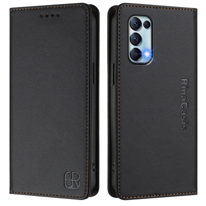 OPPO Reno5 5G Dual-Folded Magnetic Suction RFID Blocking PU Leather Wallet Phone Case with Card Slots, Cash Pocket, Kickstand, Full Protective Flip Cover