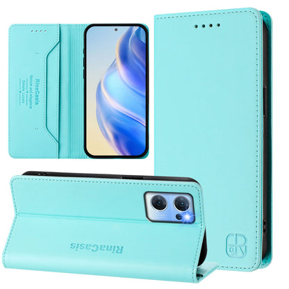 OPPO Reno7 5G Dual-Folded Magnetic Suction RFID Blocking PU Leather Wallet Phone Case with Card Slots, Cash Pocket, Kickstand, Full Protective Flip Cover
