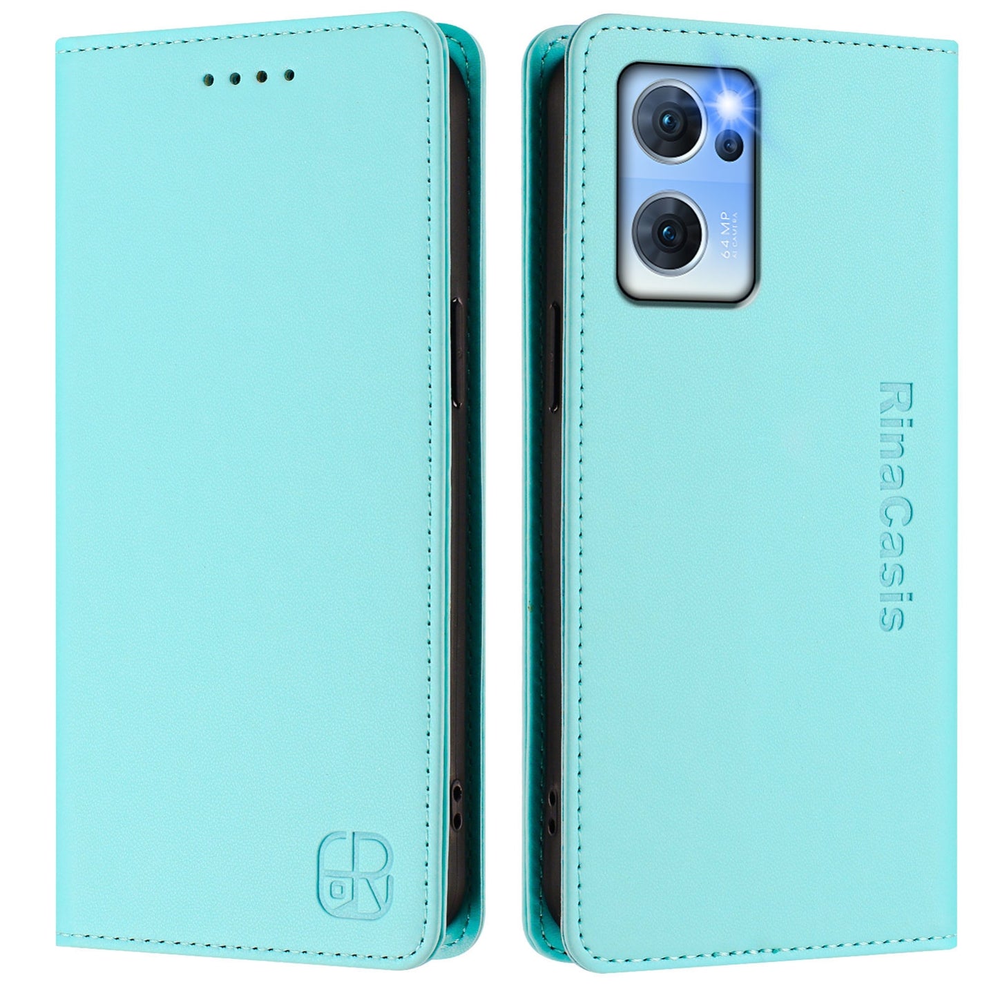 OPPO Reno7 5G Dual-Folded Magnetic Suction RFID Blocking PU Leather Wallet Phone Case with Card Slots, Cash Pocket, Kickstand, Full Protective Flip Cover