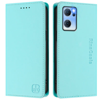 OPPO Reno7 5G Dual-Folded Magnetic Suction RFID Blocking PU Leather Wallet Phone Case with Card Slots, Cash Pocket, Kickstand, Full Protective Flip Cover