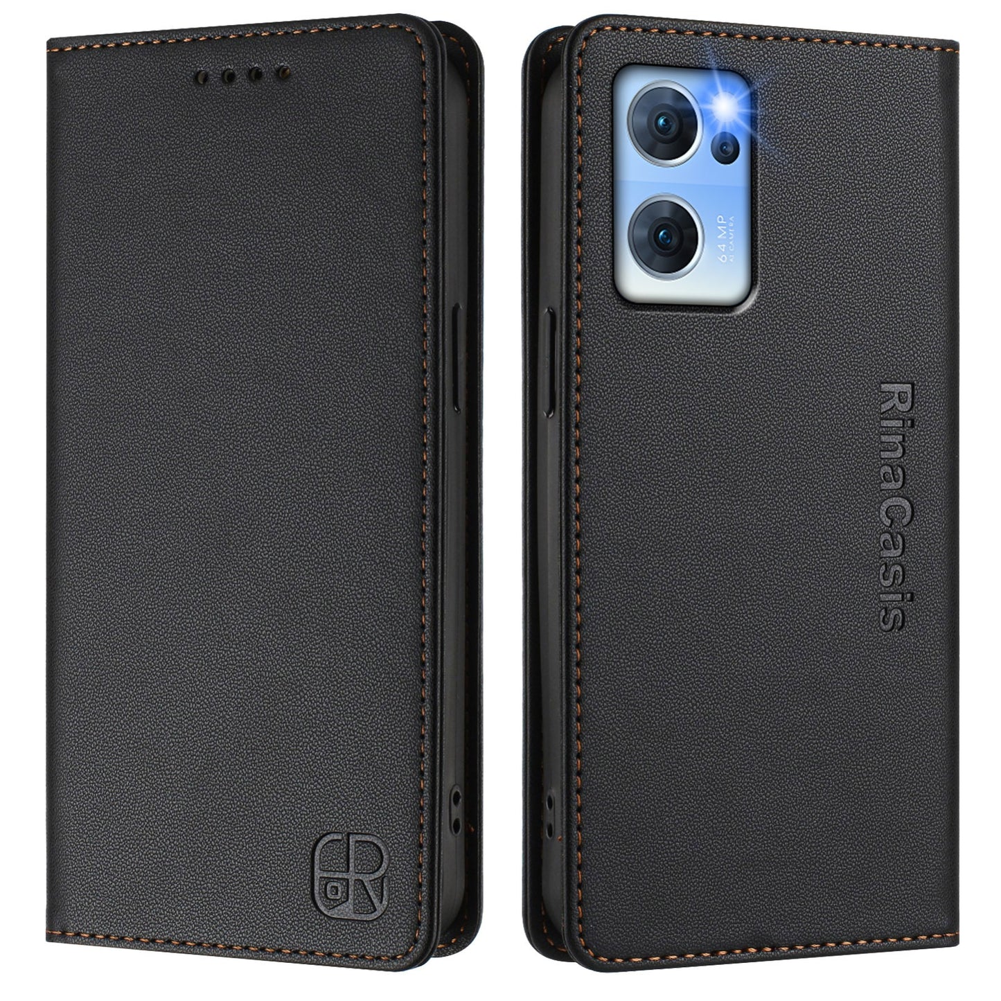 OPPO Reno7 5G Dual-Folded Magnetic Suction RFID Blocking PU Leather Wallet Phone Case with Card Slots, Cash Pocket, Kickstand, Full Protective Flip Cover