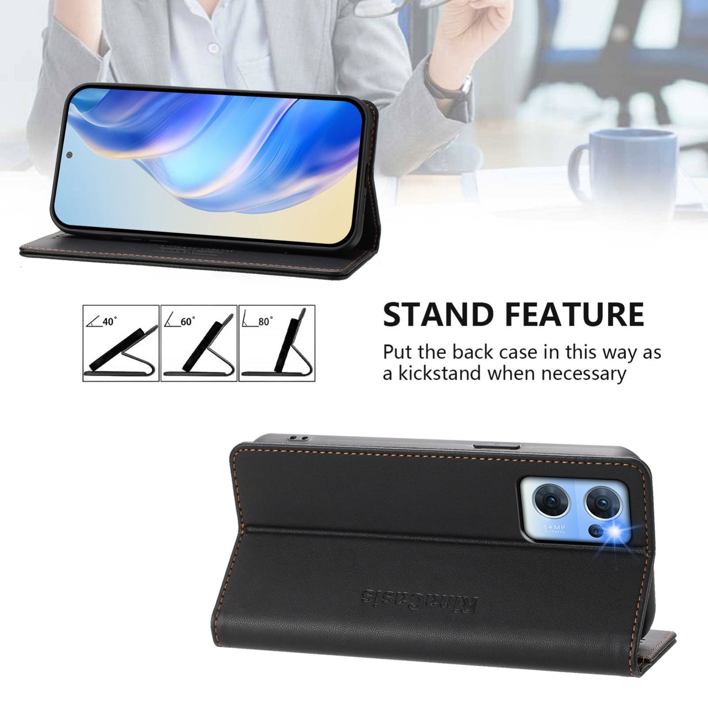 OPPO Reno7 5G Dual-Folded Magnetic Suction RFID Blocking PU Leather Wallet Phone Case with Card Slots, Cash Pocket, Kickstand, Full Protective Flip Cover