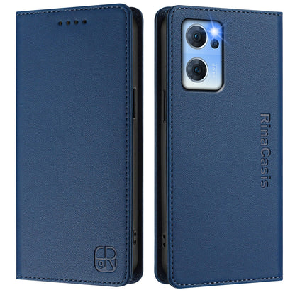 OPPO Reno7 5G Dual-Folded Magnetic Suction RFID Blocking PU Leather Wallet Phone Case with Card Slots, Cash Pocket, Kickstand, Full Protective Flip Cover