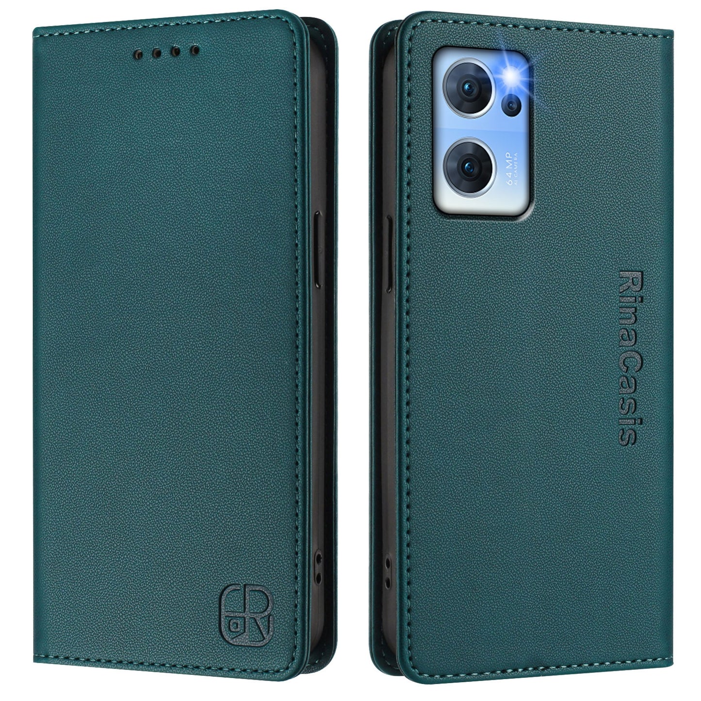 OPPO Reno7 5G Dual-Folded Magnetic Suction RFID Blocking PU Leather Wallet Phone Case with Card Slots, Cash Pocket, Kickstand, Full Protective Flip Cover