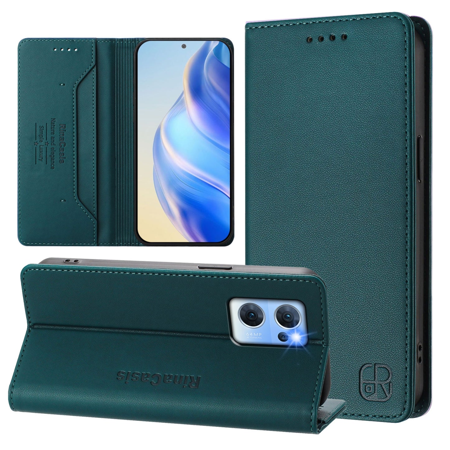 OPPO Find X5 Lite Dual-Folded Magnetic Suction RFID Blocking PU Leather Wallet Phone Case with Card Slots, Cash Pocket, Kickstand, Full Protective Flip Cover