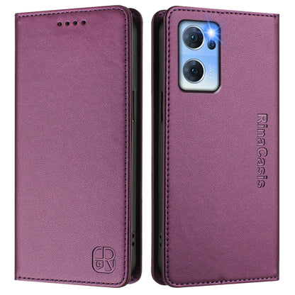 OPPO Reno7 5G Dual-Folded Magnetic Suction RFID Blocking PU Leather Wallet Phone Case with Card Slots, Cash Pocket, Kickstand, Full Protective Flip Cover