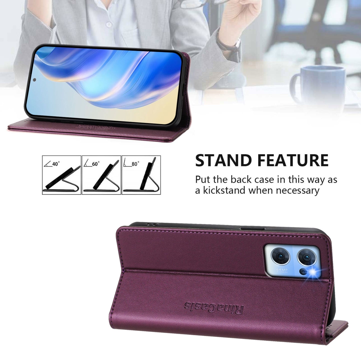 OPPO Reno7 5G Dual-Folded Magnetic Suction RFID Blocking PU Leather Wallet Phone Case with Card Slots, Cash Pocket, Kickstand, Full Protective Flip Cover