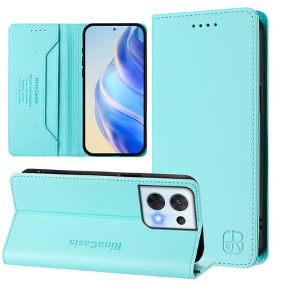 OPPO Reno8 5G Dual-Folded Magnetic Suction RFID Blocking PU Leather Wallet Phone Case with Card Slots, Cash Pocket, Kickstand, Full Protective Flip Cover