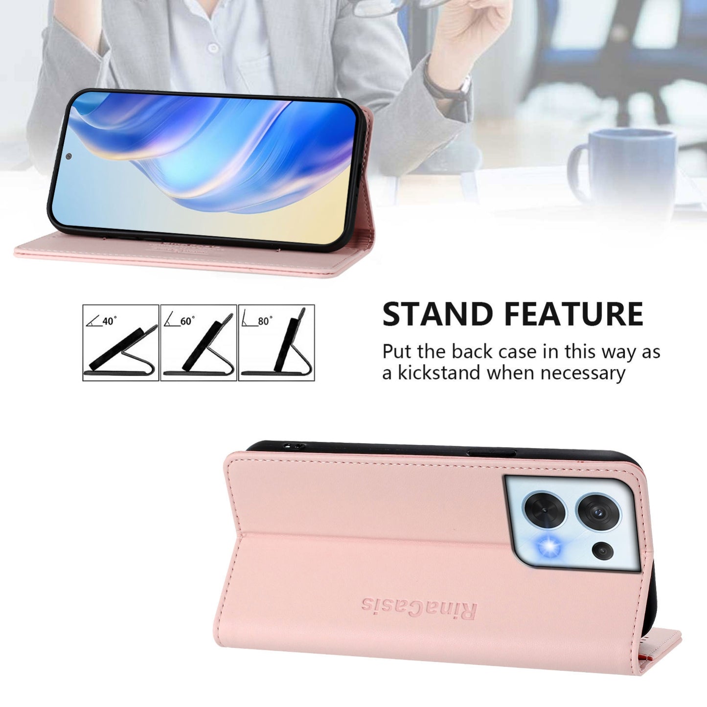 OPPO Reno8 5G Dual-Folded Magnetic Suction RFID Blocking PU Leather Wallet Phone Case with Card Slots, Cash Pocket, Kickstand, Full Protective Flip Cover