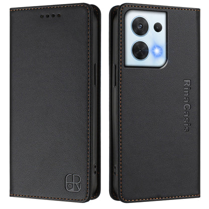OPPO Reno8 5G Dual-Folded Magnetic Suction RFID Blocking PU Leather Wallet Phone Case with Card Slots, Cash Pocket, Kickstand, Full Protective Flip Cover