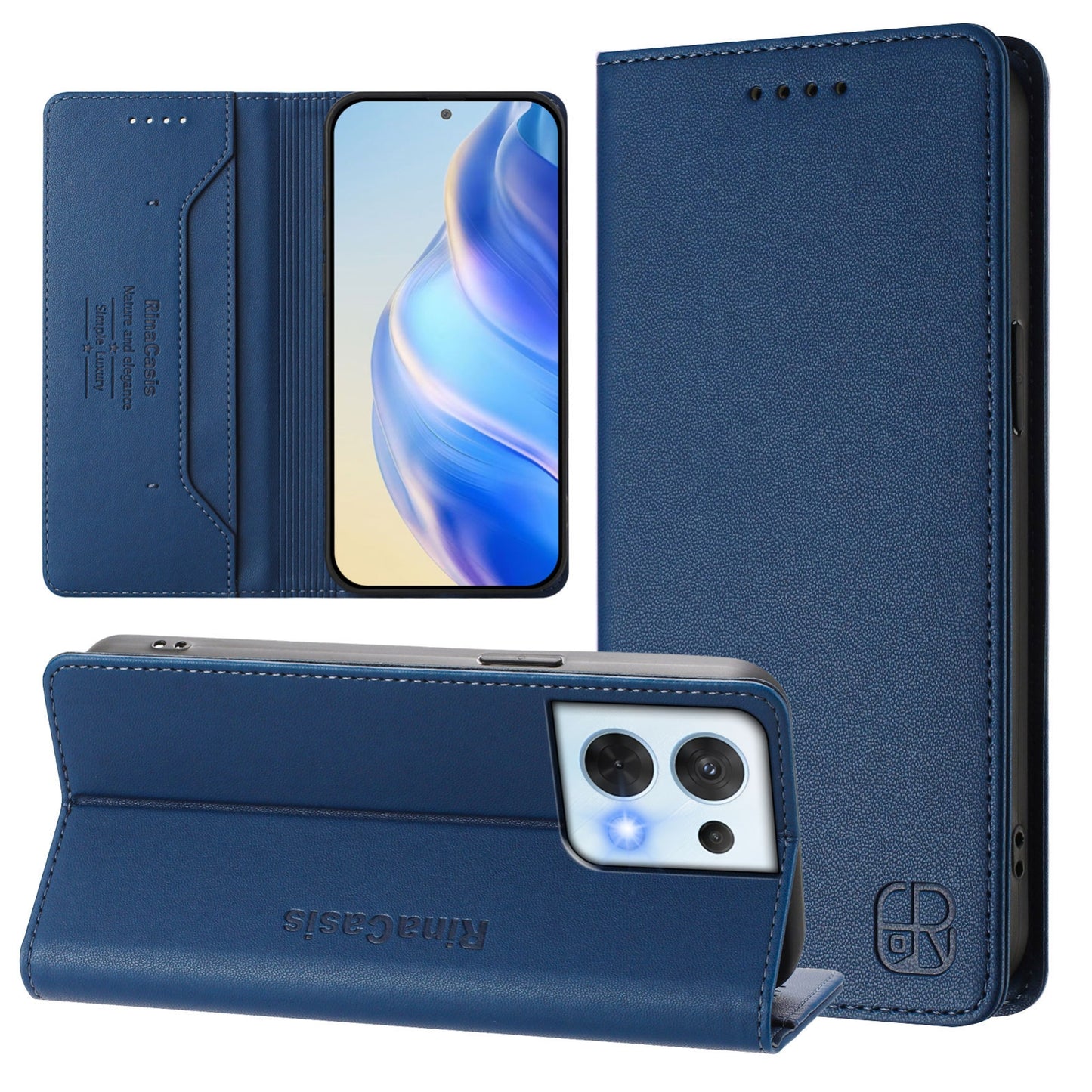 OPPO Reno8 5G Dual-Folded Magnetic Suction RFID Blocking PU Leather Wallet Phone Case with Card Slots, Cash Pocket, Kickstand, Full Protective Flip Cover