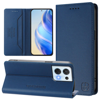 OPPO Reno8 5G Dual-Folded Magnetic Suction RFID Blocking PU Leather Wallet Phone Case with Card Slots, Cash Pocket, Kickstand, Full Protective Flip Cover