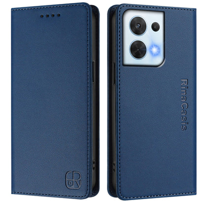 OPPO Reno8 5G Dual-Folded Magnetic Suction RFID Blocking PU Leather Wallet Phone Case with Card Slots, Cash Pocket, Kickstand, Full Protective Flip Cover