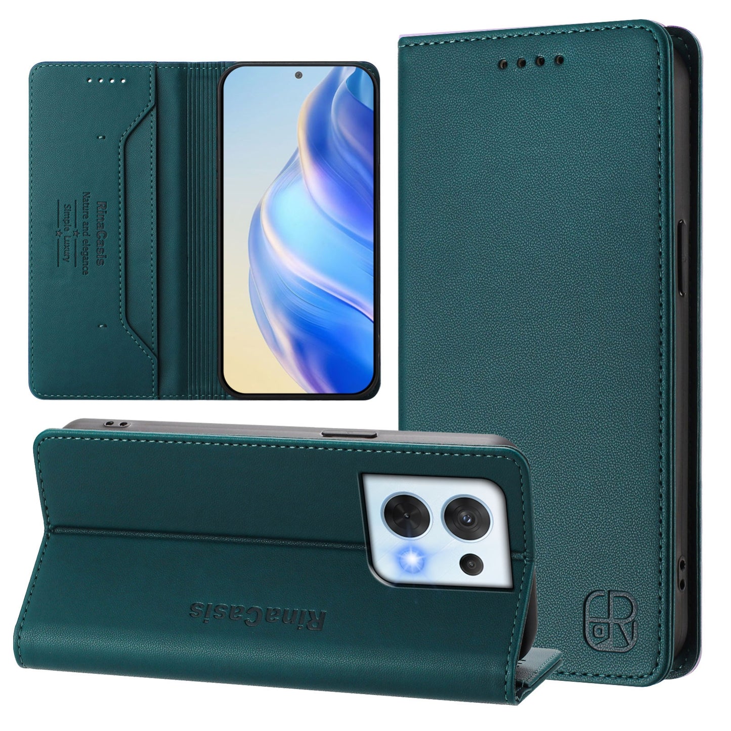 OPPO Reno8 5G Dual-Folded Magnetic Suction RFID Blocking PU Leather Wallet Phone Case with Card Slots, Cash Pocket, Kickstand, Full Protective Flip Cover