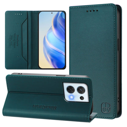 OPPO Reno8 5G Dual-Folded Magnetic Suction RFID Blocking PU Leather Wallet Phone Case with Card Slots, Cash Pocket, Kickstand, Full Protective Flip Cover