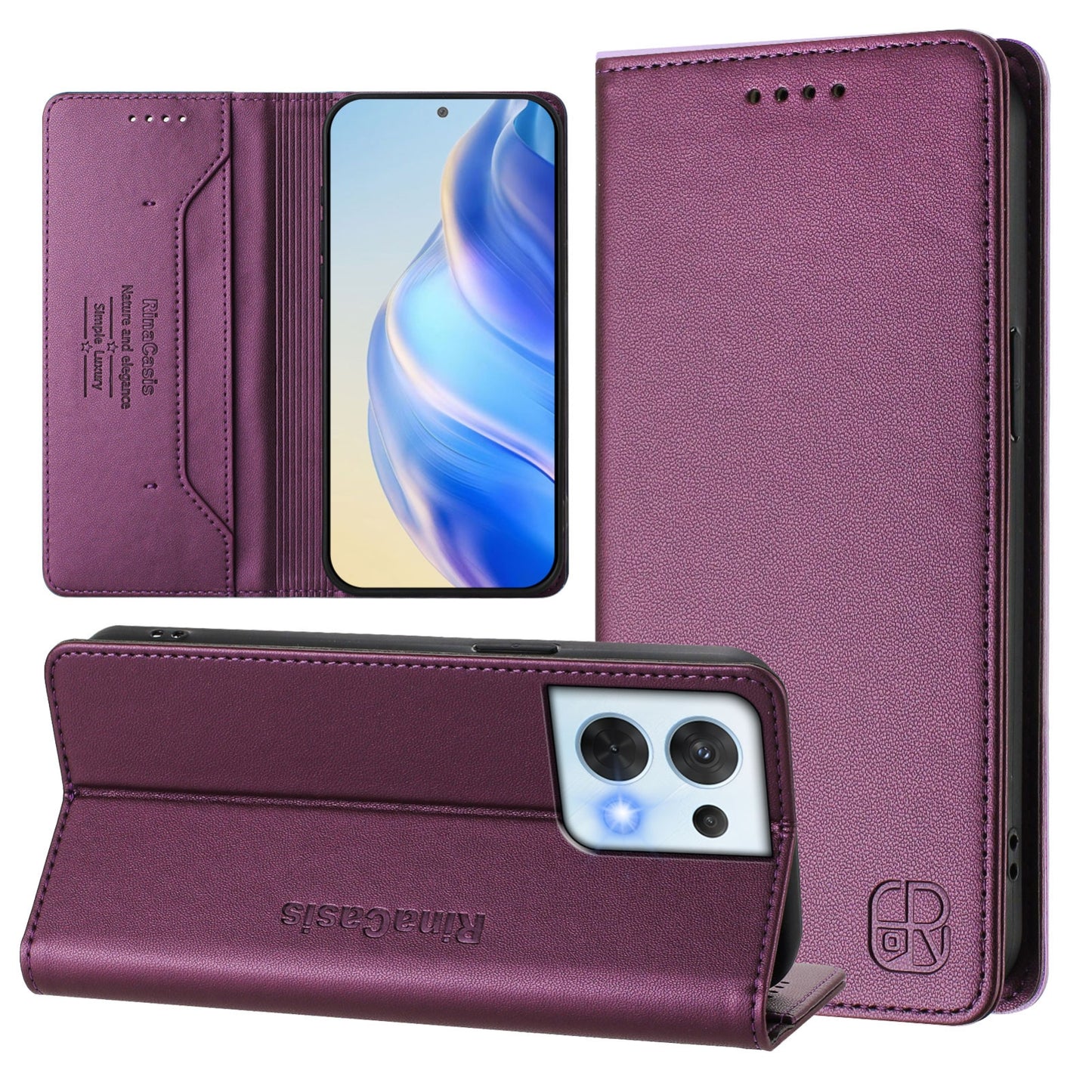 OPPO Reno8 5G Dual-Folded Magnetic Suction RFID Blocking PU Leather Wallet Phone Case with Card Slots, Cash Pocket, Kickstand, Full Protective Flip Cover
