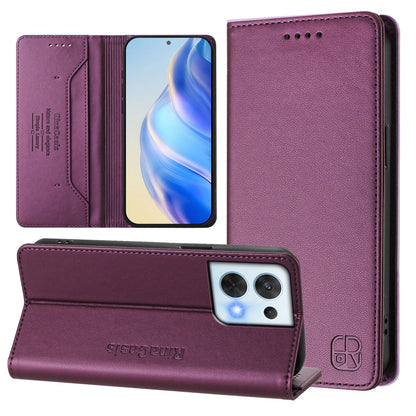 OPPO Reno8 5G Dual-Folded Magnetic Suction RFID Blocking PU Leather Wallet Phone Case with Card Slots, Cash Pocket, Kickstand, Full Protective Flip Cover