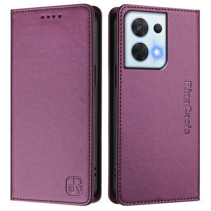 OPPO Reno8 5G Dual-Folded Magnetic Suction RFID Blocking PU Leather Wallet Phone Case with Card Slots, Cash Pocket, Kickstand, Full Protective Flip Cover