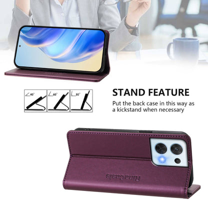 OPPO Reno8 5G Dual-Folded Magnetic Suction RFID Blocking PU Leather Wallet Phone Case with Card Slots, Cash Pocket, Kickstand, Full Protective Flip Cover