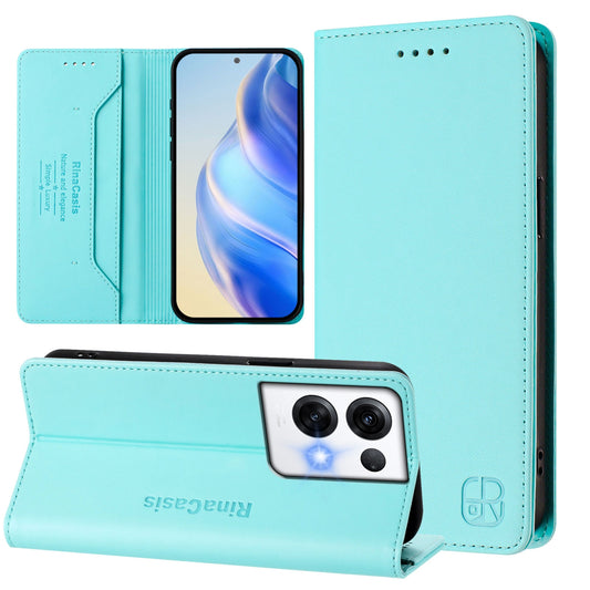 OPPO Reno8 Pro 5G Dual-Folded Magnetic Suction RFID Blocking PU Leather Wallet Phone Case with Card Slots, Cash Pocket, Kickstand, Full Protective Flip Cover