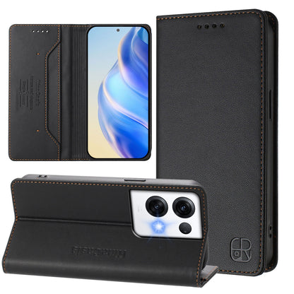 OPPO Reno8 Pro 5G Dual-Folded Magnetic Suction RFID Blocking PU Leather Wallet Phone Case with Card Slots, Cash Pocket, Kickstand, Full Protective Flip Cover