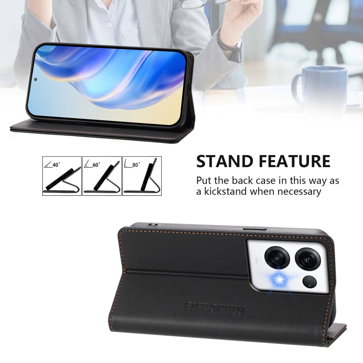 OPPO Reno8 Pro 5G Dual-Folded Magnetic Suction RFID Blocking PU Leather Wallet Phone Case with Card Slots, Cash Pocket, Kickstand, Full Protective Flip Cover